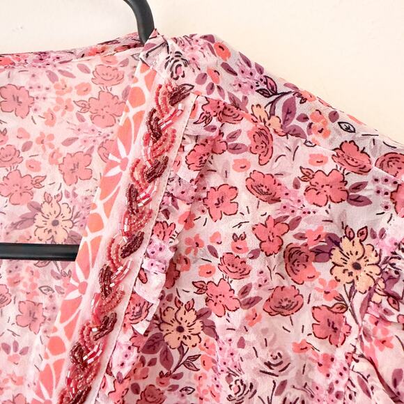 100% Silk Blouse Sheer Beaded Fairy Boho Hippie Romantic Delicate Festival L - Picture 5 of 11